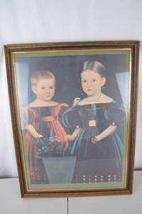 lot 448 image: Framed Portrait Print of Two Children with Flowers, 24x30 Inches