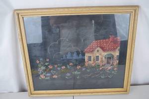 lot 449 image: Framed Needlepoint Cottage and Garden Scene, 23x19 Inches