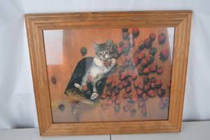 lot 452 image: Framed Cat and Strawberries Art Print, 21x26 Inches