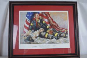 lot 457 image: Framed Firefighter Art Print The Firemans Boots, 24x19, Gordon Art Studio