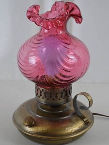 Vintage Fenton Cranberry Swirl Glass Table Lamp with Brass Base