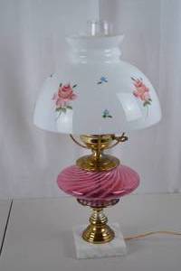 lot 467 image: Vintage Pink Swirl Glass Table Lamp with Floral Shade, 23-Inch