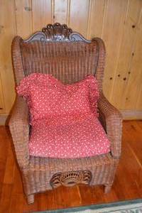 lot 481 image: Wicker Armchair with Carved Wood Trim and Cushions