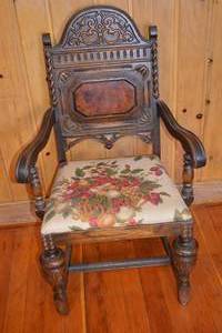 lot 483 image: Antique Carved Oak Armchair with Needlepoint Seat