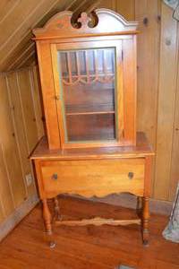 lot 485 image: Vintage Wood China Cabinet with Glass Door and Drawer, 64 in Tall