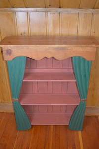 lot 273 image: Whimsical Painted Wood Wall Shelf with Curtain Design, 33x47x12 in