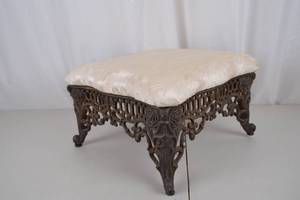lot 352 image: Victorian Cast Iron Footstool with Cream Damask Upholstery