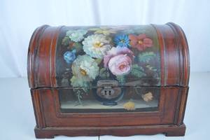 lot 353 image: Vintage Hand-Painted Floral Dome Top Wooden Chest