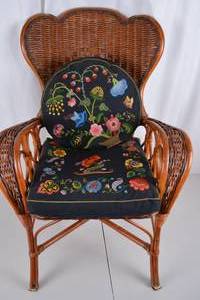 lot 354 image: Wicker Armchair with Embroidered Floral Cushions