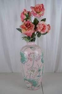 lot 355 image: Hand Painted Porcelain Macau Vase with Silk Roses, 21 Inches Tall