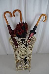 lot 356 image: Vintage Wrought Iron Umbrella Stand with Three Umbrellas