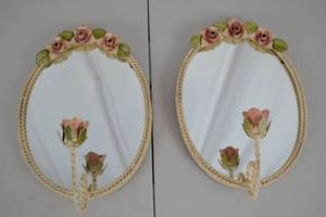lot 357 image: Pair of Vintage Floral Wall Mirrors with Rose Hooks