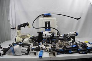 lot 300 image: HART 20V Cordless Power Tool Lot Circular Saw, Impact Driver, Nailer, Inflator