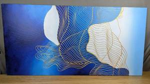 lot 149 image: Abstract Blue Gold White Canvas Painting 24 x 48 $99.99 Retail - Brand New