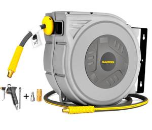 lot 165 image: Enclosed Retractable Air Hose Reel 38in x 65ft Hybrid Air Compressor $95.99 Retail - Brand New