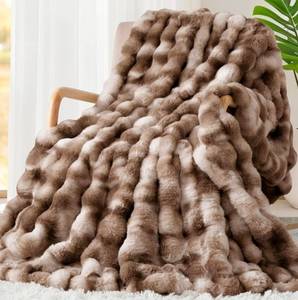 lot 189 image: Luxury Rabbit Faux Fur Blanket 90 x 90 Cozy Brown $119.99 Retail - Brand New