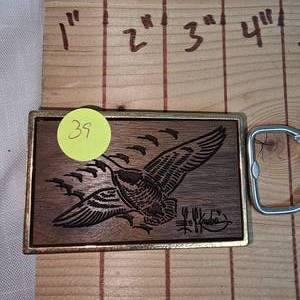 lot 39 image: 2-Keychains & Les Kouba Brass & Walnut Goose Belt Buckle