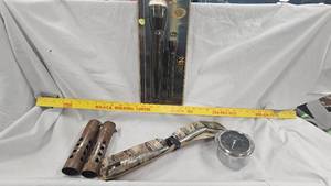 lot 11 image: Motorcycle Exhaust Sheilds, Kickstand, Tachometer and Flashlights