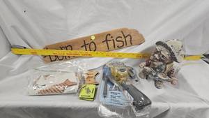 lot 13 image: Fish Themed Decore Lot, Trivet, Sign, Game and Heico German Fishing Troll