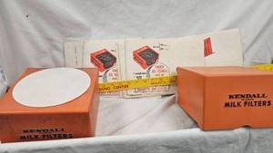 lot 20 image: 6 Sample Pkgs of Kendall Milk Filters and 2 Vintage Milk Filter Cases by Kendall
