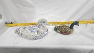 lot 21 image: Pair of Duck Trinket Boxes, small wear spot on head of Mallard