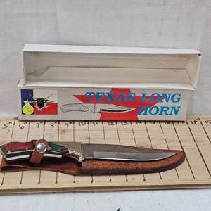 lot 275 image: Texas Longhorn Knife 6 Blade with Wood Handle and Leather Sheath
