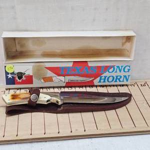 lot 276 image: Texas Longhorn Knife 6 Blade with Bone Handle and Leather Sheath