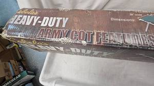 lot 111 image: Cabelas Heavy Duty Army Cot with Box, Good Condition, 500lb capacity