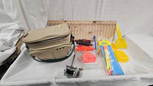 lot 25 image: Ice Fishing Lot including TackleLunch Tote, Bobbers, Rattle Wheel, Minnow Scoop, Etc