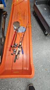 lot 174 image: Ice Fishing Sled with Hole Strainers and Mis Rods