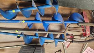 lot 212 image: 4 hand augers and homemade Spear with Conduit handle