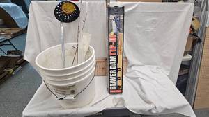lot 227 image: Beaver Pan Tip Up-Ice Scooper and Jig Rods