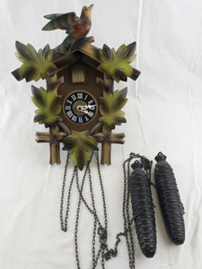 lot 11 image: German Black Forest Cuckoo Clock with Weights and Bird Topper