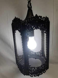 lot 12 image: Vintage Ornate Hanging Lantern Light Fixture with Missing Glass Panels