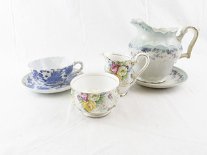 lot 21 image: Vintage Bone China Teacup, Saucer, Creamer and Pitcher Set - Royal Albert Rosetime, Blue Floral, Gold Rim