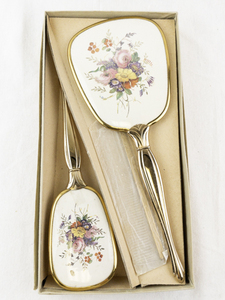 lot 48 image: Vintage Vanity Set with Floral Hand Mirror, Brush, and Comb