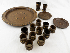 lot 55A image: Venezuelan Colonia Tovar Handcrafted Wooden Serving Set with Geometric Inlay