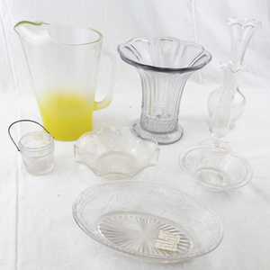 lot 59 image: Vintage Glassware Collection with Half Frosted Yellow Pitcher and Decorative Bowls