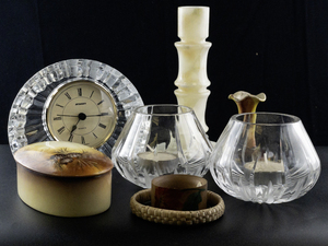 lot 60 image: Home Decor Collection with Crystal Clock, Candle Holders and Assorted Pieces