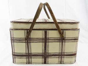 lot 61 image: Vintage Metal Plaid Picnic Basket with Wooden Handles