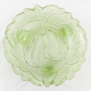 lot 64 image: Vintage Green Uranium Glass Bowl with Pear and Leaf Motif