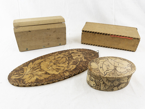 lot 69 image: Collection of Vintage Wood Burned Boxes and Floral Wall Plaque