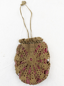 lot 76 image: Vintage Crocheted Drawstring Purse with Pink Lining