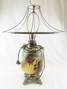 lot 77 image: Vintage Floral Painted Glass Table Lamp with Ornate Metal Base -Working
