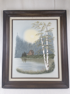 lot 90 image: Framed Landscape Oil Painting with Cabin and Lake Scene