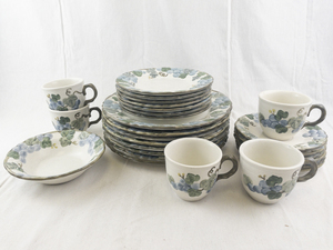 lot 93 image: METLOX Poppytrail Stoneware Dinnerware Set with Blue Grape Pattern, 27 Pieces