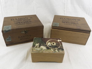 lot 102 image: Lot of 3 Vintage Wooden Boxes - Barons Hand Made Specials and Cat Motif