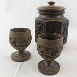 lot 124 image: Carved Wooden Jar with Lid and 2 Goblets Set