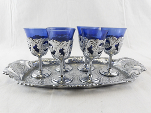 lot 127 image: Set of 6 Blue Glass Cordial Goblets with Ornate Silver Holders and Tray