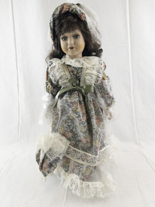 lot 138 image: Porcelain Doll in Victorian Floral Dress with Lace and Hat
